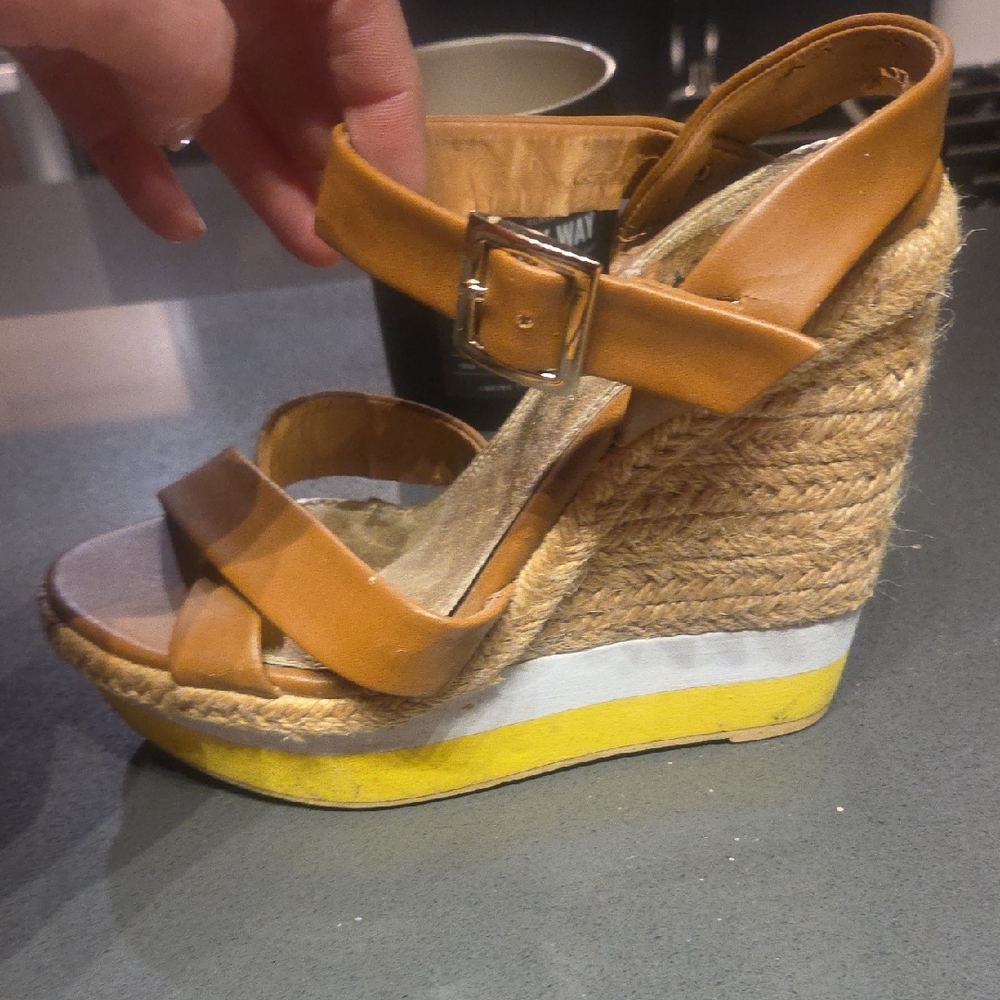 N.Y.L.A. Tan and Yellow Wedge Sandals